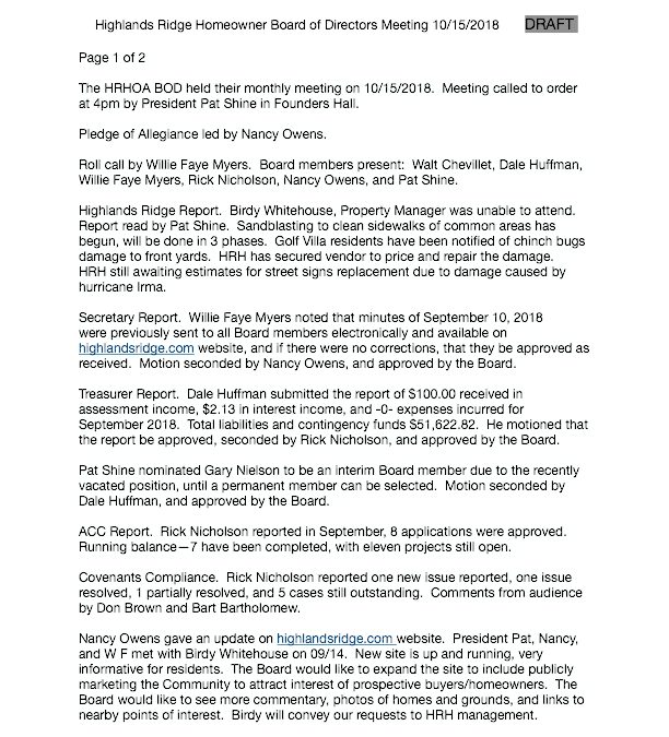 HRHOA BOD Meeting November 2018